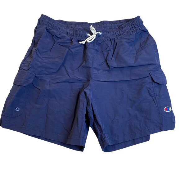 Champion Mens Swim Shorts Large Drawstring Waist Navy Blue Nylon Cargo - Picture 1 of 11